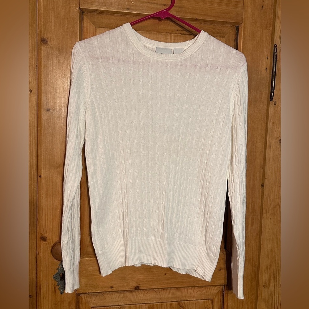 Kim Rogers Lightweight White Cable Knit Sweater 100% Cotton Size Small Academia